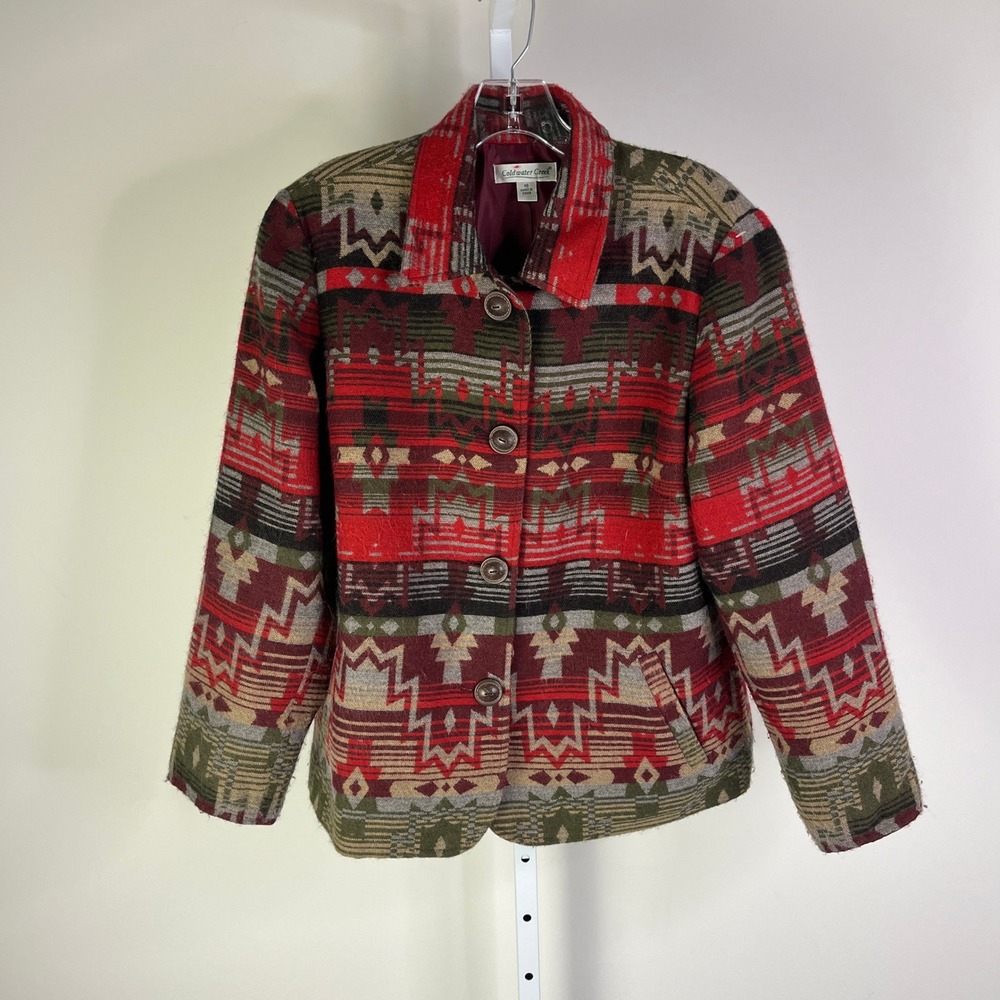 Coldwater Creek Womens 16 Red Southwestern Geometric Aztec Tapestry Jacket Boho - Picture 2 of 10